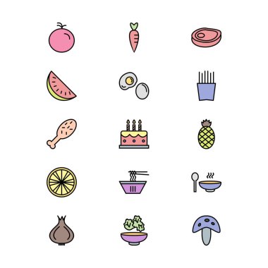 Beyaz arkaplanda 15 yiyecek simgesi izole edildi...