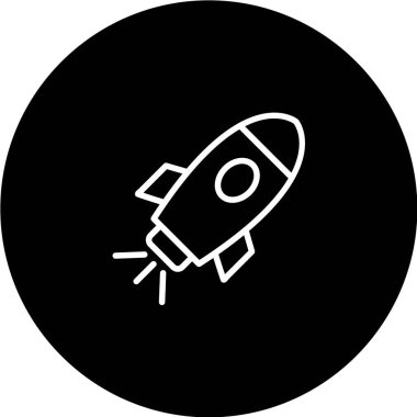 Beyaz arkaplan çizimi üzerinde izole edilmiş siyah çemberdeki roket simgesi