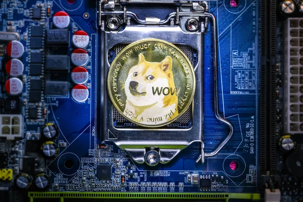 Top Weergave Van Dogecoin Cryptogeld Fysieke Munt Computer Moederbord Processor — Stockfoto