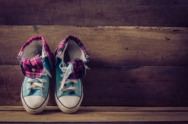 Sneakers Floor Wooden Background — Stock Photo, Image