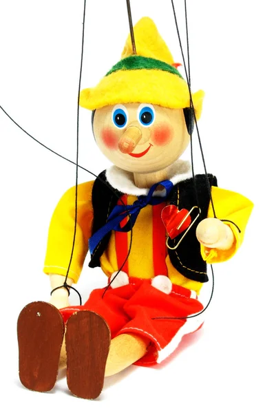 Ξύλινη Κούκλα Μαριονέτα Καρδιά Είναι Δεμένη Στο Γιλέκο Ημέρα Του — Φωτογραφία Αρχείου