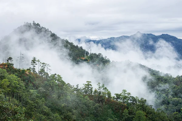 Flygfoto Över Regnskog Berg Täckt Dimma Och Moln Vintersäsongen Chiangmai — Stockfoto