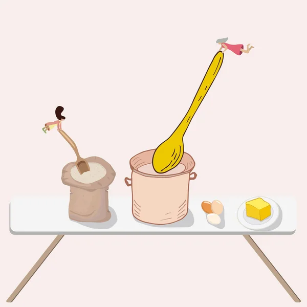可爱的病媒说明了在室内做饭的小女人 饭桌上的面粉袋 鸡蛋和黄油部分 — 图库照片