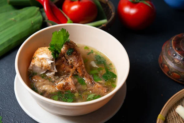 Asian Style Chicken Soup Bowl Dark Background — Stock Photo, Image