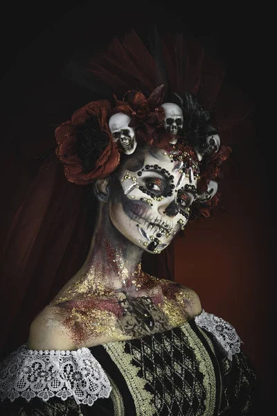 Santa Muerte Jong Meisje Met Artistieke Halloween Make Met Sculls — Stockfoto