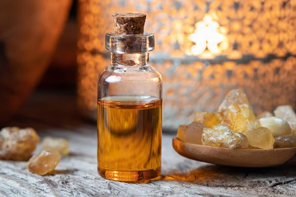 Bottle Essential Oil Frankincense Resin Table — Stock Photo, Image