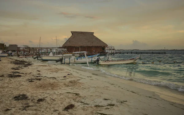 Barcos Amarrados Orilla Playa Isla Mujeres Atardecer — Foto de Stock