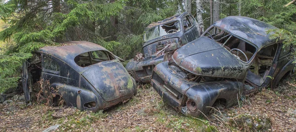 Carro Destruído Ferro Velho Bilskrot Lado Sueco Fronteira Noruega — Fotografia de Stock