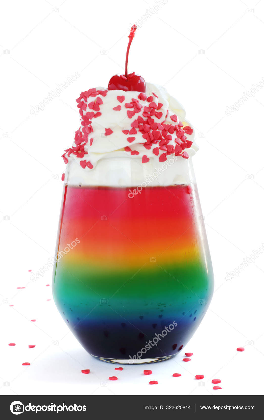 Rainbow Colored Jello Dessert Glass Whipped Cream Red Candied Cherry
