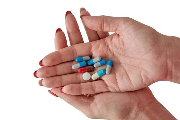 Pilules Comprimés Capsules Médicaments Pharmaceutiques Colorés Sur Une Main Féminine — Photo