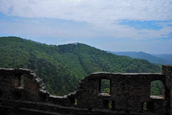 Viejo Muro Piedra Del Castillo Con Muchas Montañas Bosques — Foto de Stock