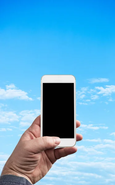 Man Hand Holding Mobile Phone Photographing Blue Sky Clouds — Stock Photo, Image