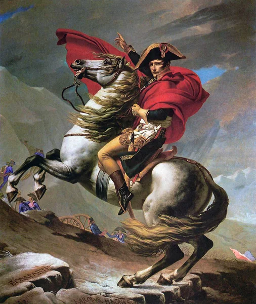 Napoleon Bonaparte Wyobrażał Sobie Przejeżdżanie Przez Alpy Konno Obraz Pierwszego — Zdjęcie stockowe