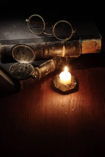 Vintage Still Life Quill Pen Spectacles Old Books Lighting Candle — Stock Photo, Image