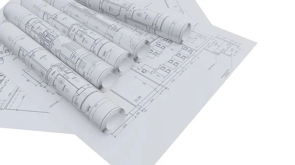 建築図面 フラットとロール 3Dレンダリング — ストック写真