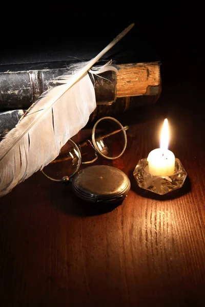 Vintage Still Life Quill Pen Spectacles Old Books Lighting Candle — Stock Photo, Image