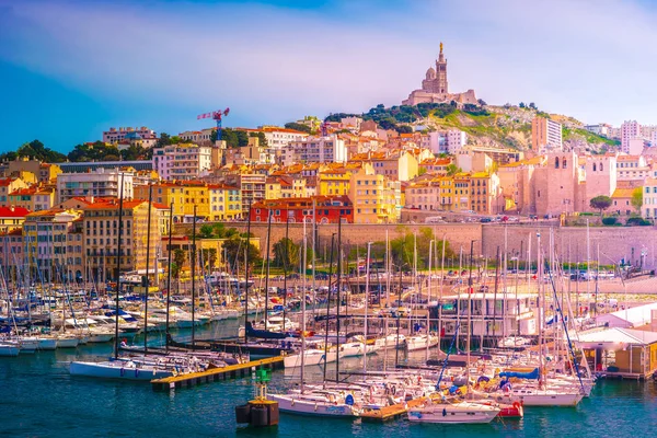 Letecký Panoramatický Výhled Marseille Old Port Jachtami Čluny Město Notre — Stock fotografie