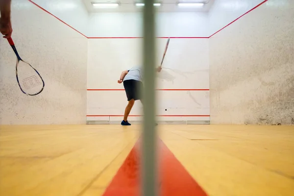 Two Friends Having Good Sport Time Playing Squash Mutilva Navarra — Stock Photo, Image