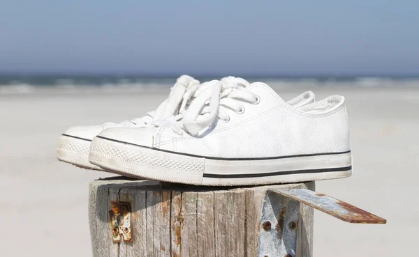 White Sneaker Shoes Pole Beach — Stock Photo, Image