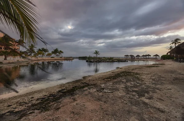 Vista Dal Fondo Della Spiaggia Puerto Aventuras Messico Durante Crepuscolo — Foto Stock