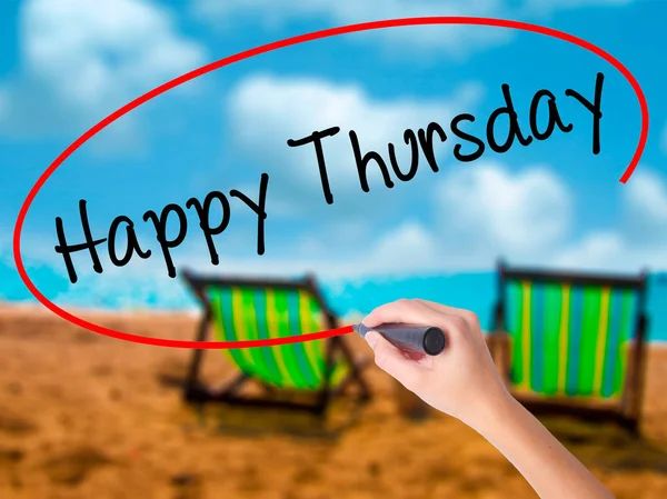 Man Hand Γράφει Happy Thursday Μαύρο Μαρκαδόρο Στην Οθόνη Απομονωμένο — Φωτογραφία Αρχείου