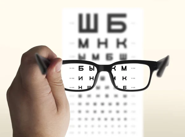 Eyeglasses in hand for eyesight Russian/Cyrillic test chart background, isolated