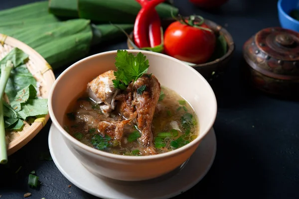 Asian Style Chicken Soup Bowl Dark Background — Stock Photo, Image