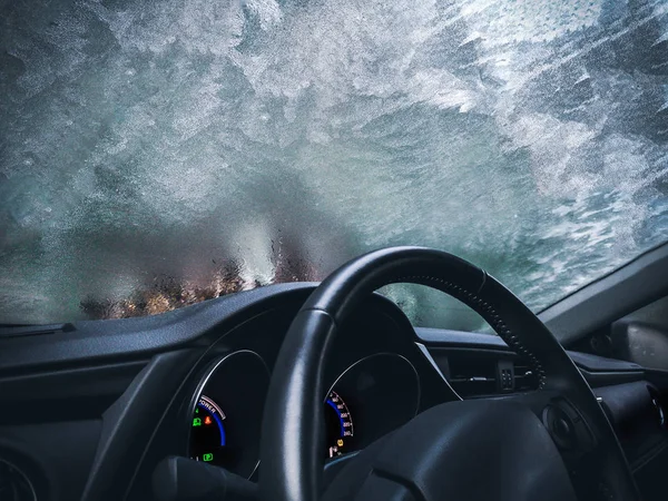 Congelado Carro Vidro Frio Fundo Automóvel Interior Fosco — Fotografia de Stock