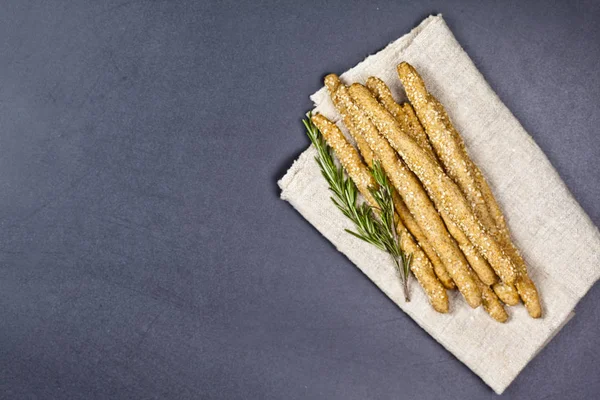 Italian Grissini Salted Bread Sticks Rosemary Herb Linen Napkin Black — Stock Photo, Image