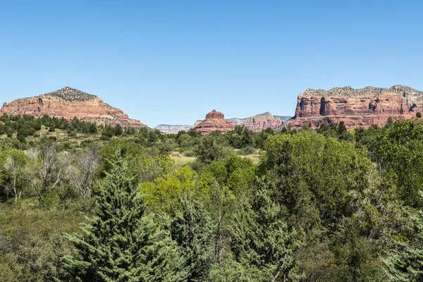 View from Red Rock Park Ranger Station of Castle Rock, Bell Rock, and Courthouse Butte