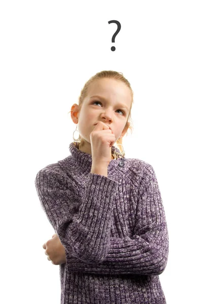 Meisje Met Vragen Haar Geest Geïsoleerd Witte Achtergrond — Stockfoto