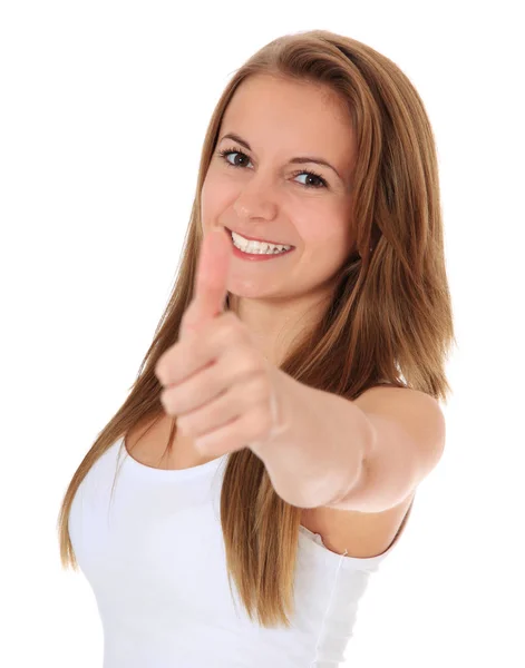 Attractive Young Woman Showing Thumb All White Background — Stock Photo, Image