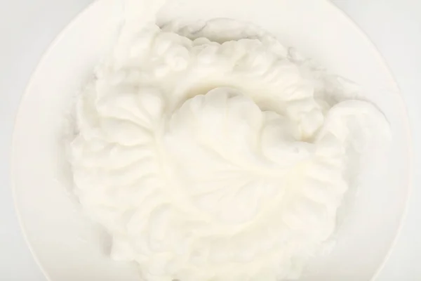 Close Background Texture Fresh Whipped Milk Cream White Bowl Elevated — Stock Photo, Image
