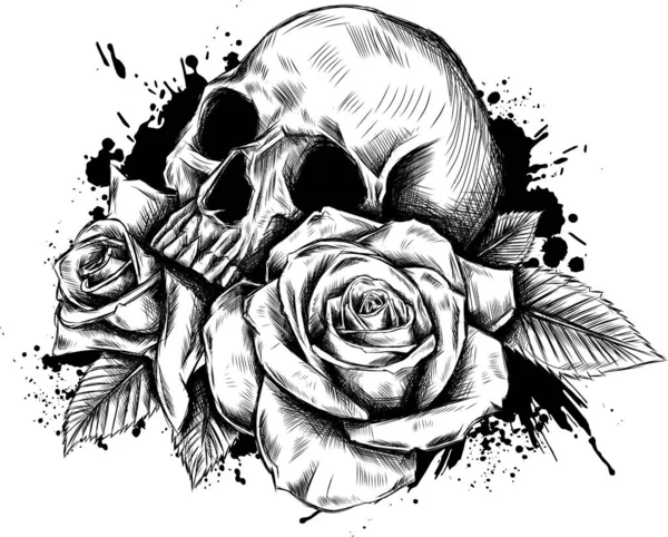 Череп Квітами Трояндами Малюнок Вручну — стокове фото