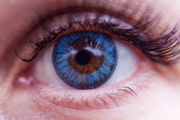 Ženské Oko Modrou Kontaktní Čočkou Řasy Jsou Rozostřené — Stock fotografie