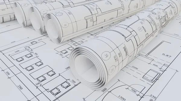 建築図面 フラットとロール 3Dレンダリング — ストック写真
