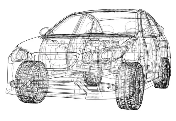 概念车 3D例证 蓝图或线框风格 — 图库照片