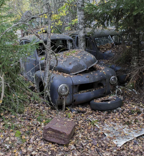 Carro Destruído Ferro Velho Bilskrot Lado Sueco Fronteira Noruega — Fotografia de Stock