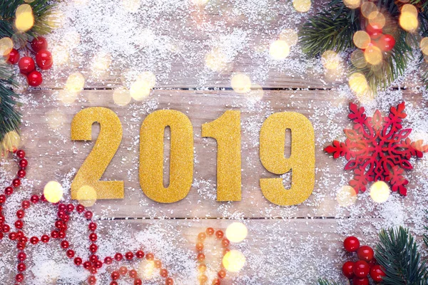 Feliz Año Nuevo 2019 Números Dorados Luces Bokeh Sobre Fondo — Foto de Stock