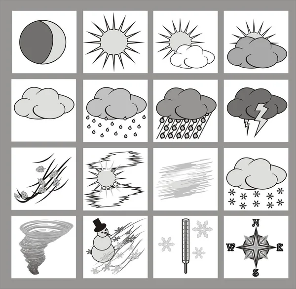 Iconos Meteorológicos Cliparts Escala Grises Con Contornos Negros Sobre Fondo —  Fotos de Stock