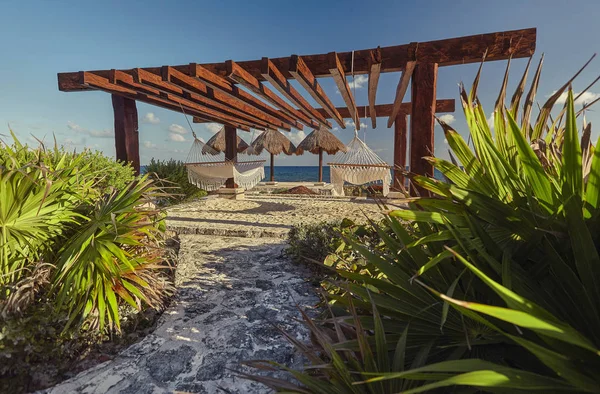 Hammocks Gazebo Front Sea Rocky Beach Puerto Aventuras Mexico Symbol — Stock Photo, Image