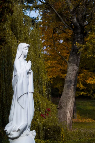 Biała Madonna Pomnik Świętej Kobiety Jesiennym Parku Kobieta Się Modli — Zdjęcie stockowe