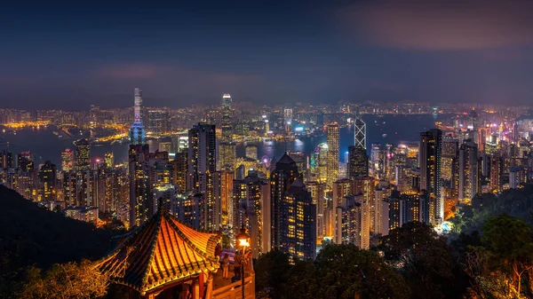 Paisaje Urbano Hong Kong Por Noche Desde Pico Victoria —  Fotos de Stock