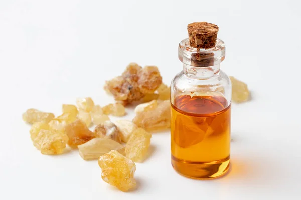 Bottle Essential Oil Frankincense Resin White Background — Stock Photo, Image