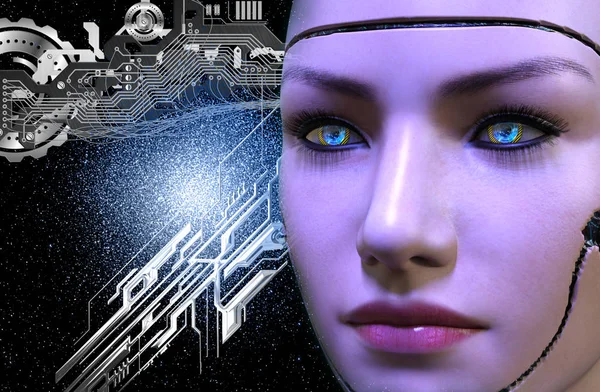 Återgivning Kvinnlig Robot Ansikte Vid Mörk Bakgrund Med Elektroniska Kretsar — Stockfoto