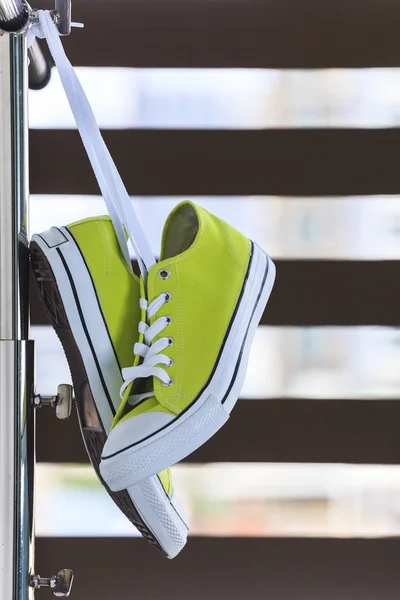 Pair New Green Sneakers Hanging Clothes Line — Stock Photo, Image