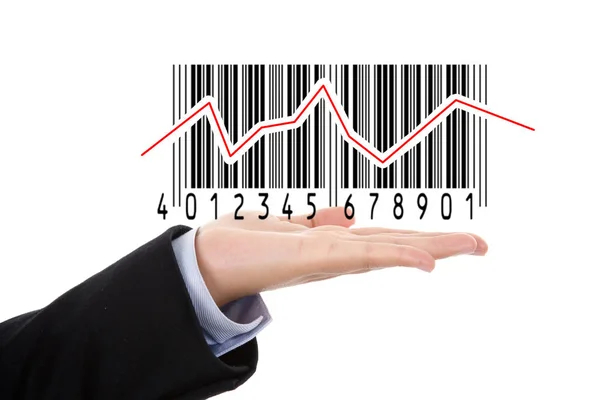 Geschäftsfrau hält Barcode, der den Aktienmarkt auf weißem Hintergrund zeigt — Stockbild Geschäftsfrau Hält Barcode Der Den Aktienmarkt Auf Weißem Hintergrund Zeigt — Stockfoto