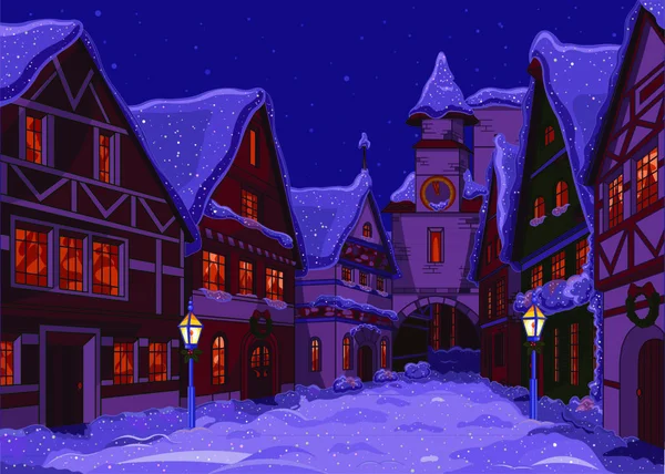 夜のクリスマスタウン通り — ストックベクタ