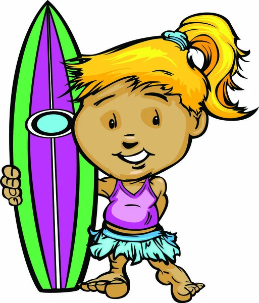 Chica Surfista Dibujos Animados Con Traje Baño Surboard Vector Ilustración — Vector de stock