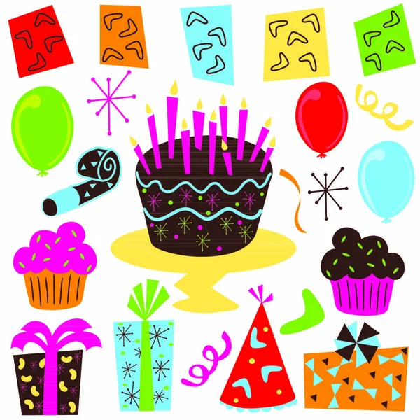 Retro Birthday Party Clipart Med Fødselsdagskage Cupcakes Balloner Streamers Fest – Stock-vektor